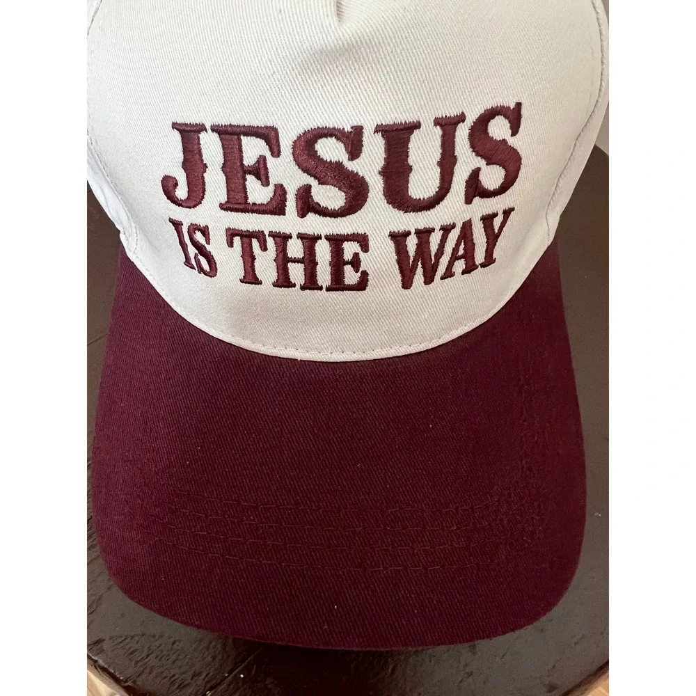 Jesus Is The Way Christian Baseball Cap Hat Cream Burgundy Embroidered Trucker